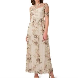 Adrianna Papell Embroidered Floral Print Illusion Short Sleeve Jewel Nec…